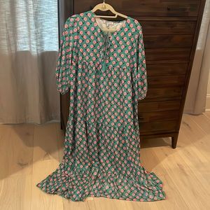 BNWT CZ maxi dress, green and pink rose print, M